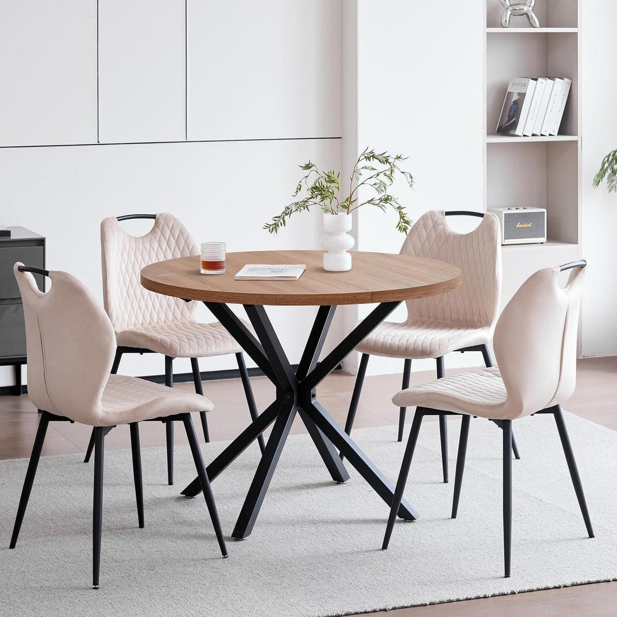 Runder Esstisch Set 100cm mit 4 Samtstühlen Dunkel/Beige