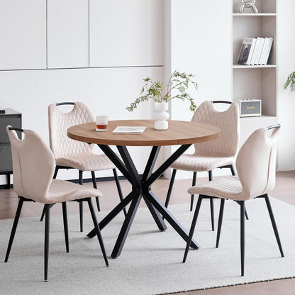 Runder Esstisch Set 100cm mit 4 Samtstühlen Dunkel/Beige