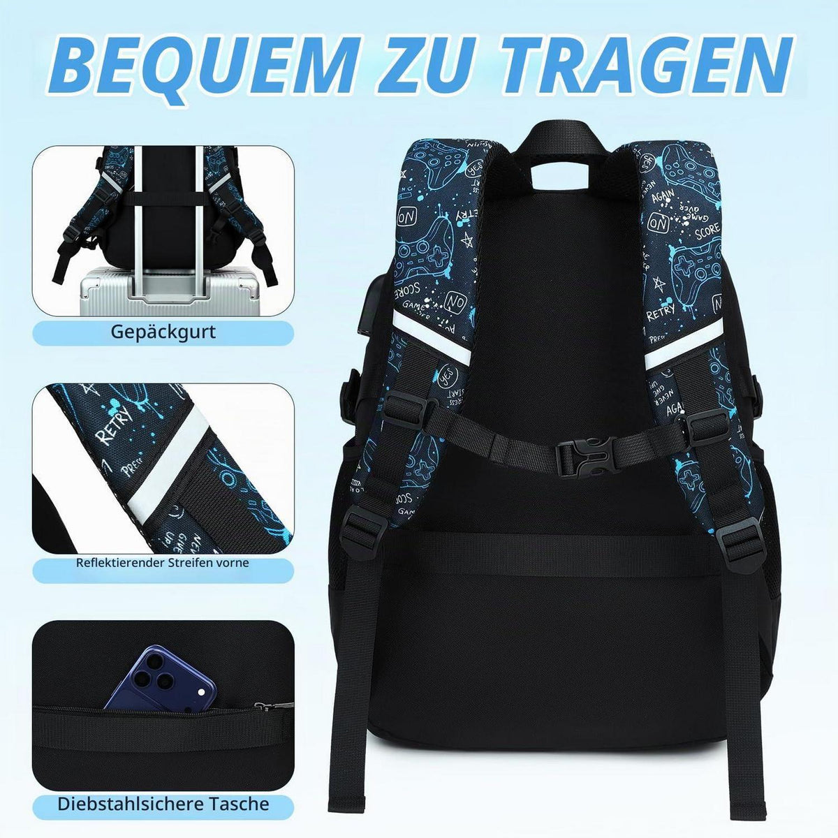 Schulrucksack Jungen Set Blau Spiel – Rucksack + Federmäppchen