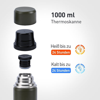 Thermosflasche Edelstahl 1000ml mit Trinkbecher, 24h Kalt/12h Heiß
