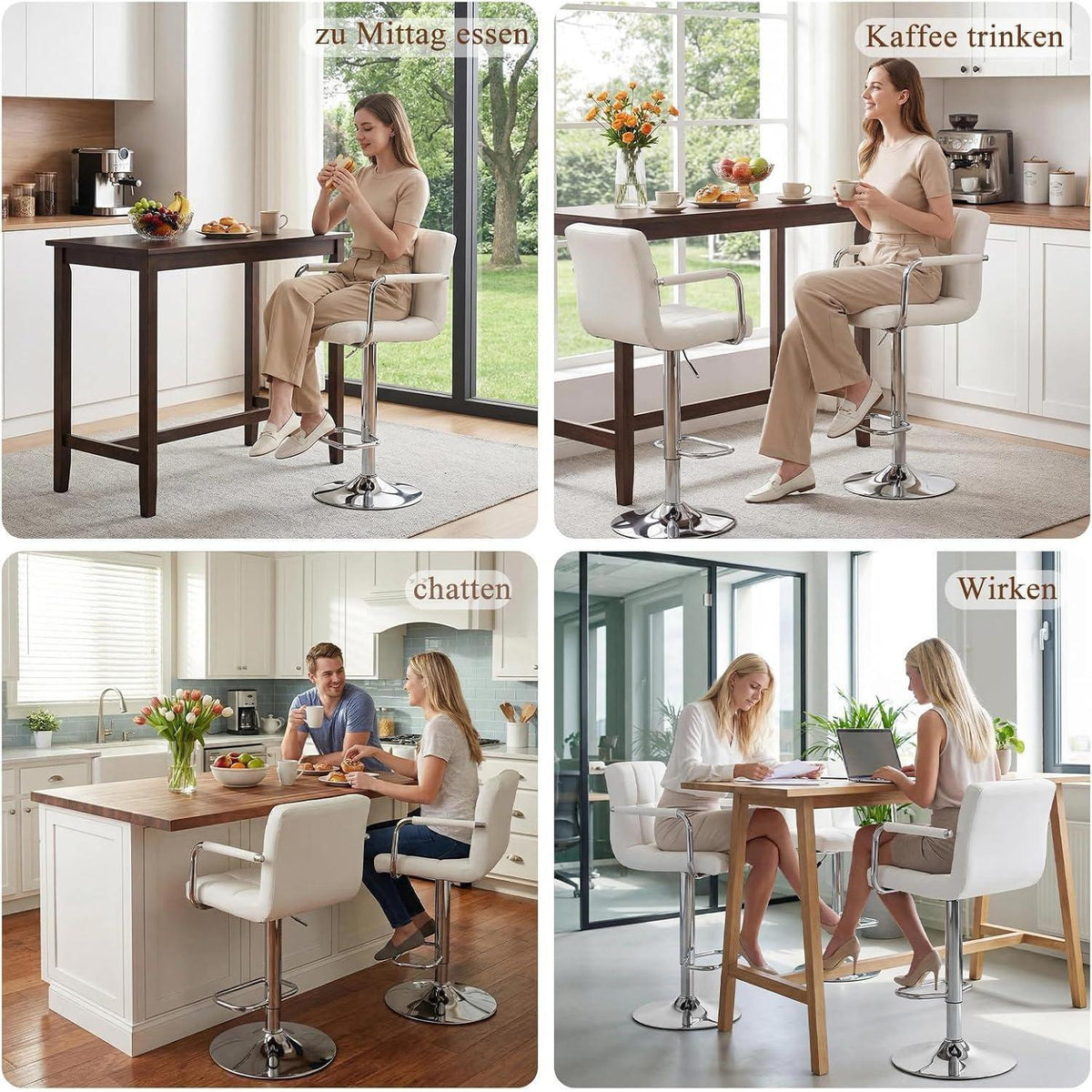 Barhocker Set 4er – Höhenverstellbar, Weiß in Lederoptik