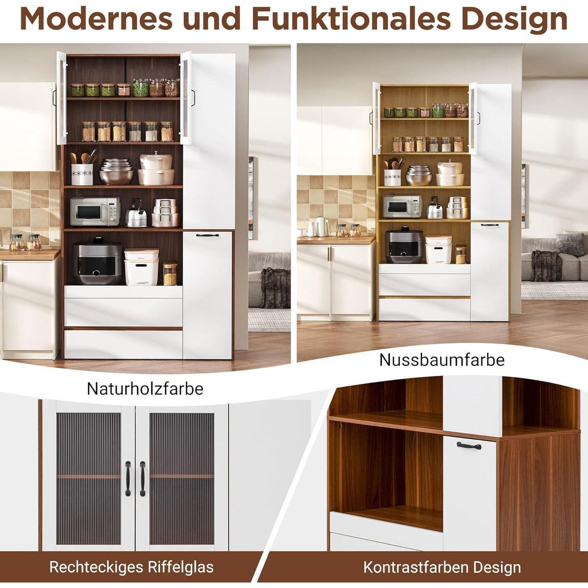 Highboard Weiß Nussbaum | Küchenschrank mit Schubladen & Regalböden