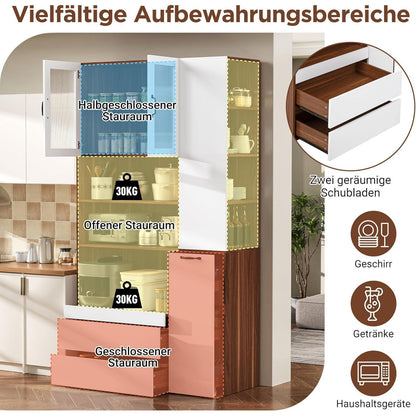 Highboard Weiß Nussbaum | Küchenschrank mit Schubladen & Regalböden