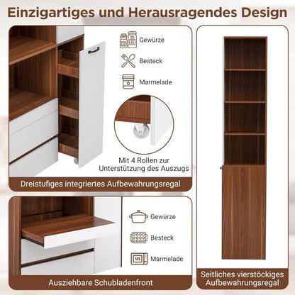 Highboard Weiß Nussbaum | Küchenschrank mit Schubladen & Regalböden