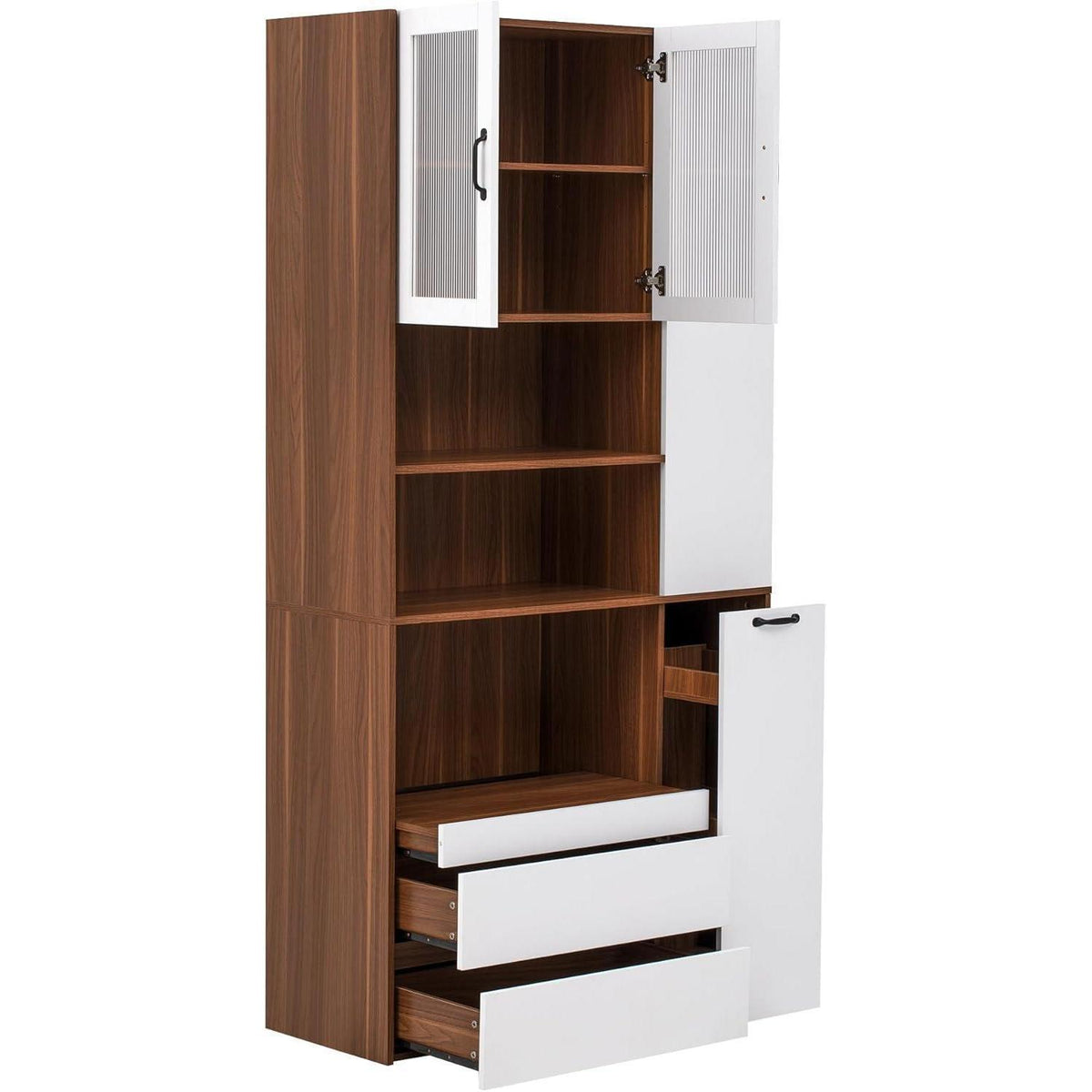 Highboard Weiß Nussbaum | Küchenschrank mit Schubladen & Regalböden