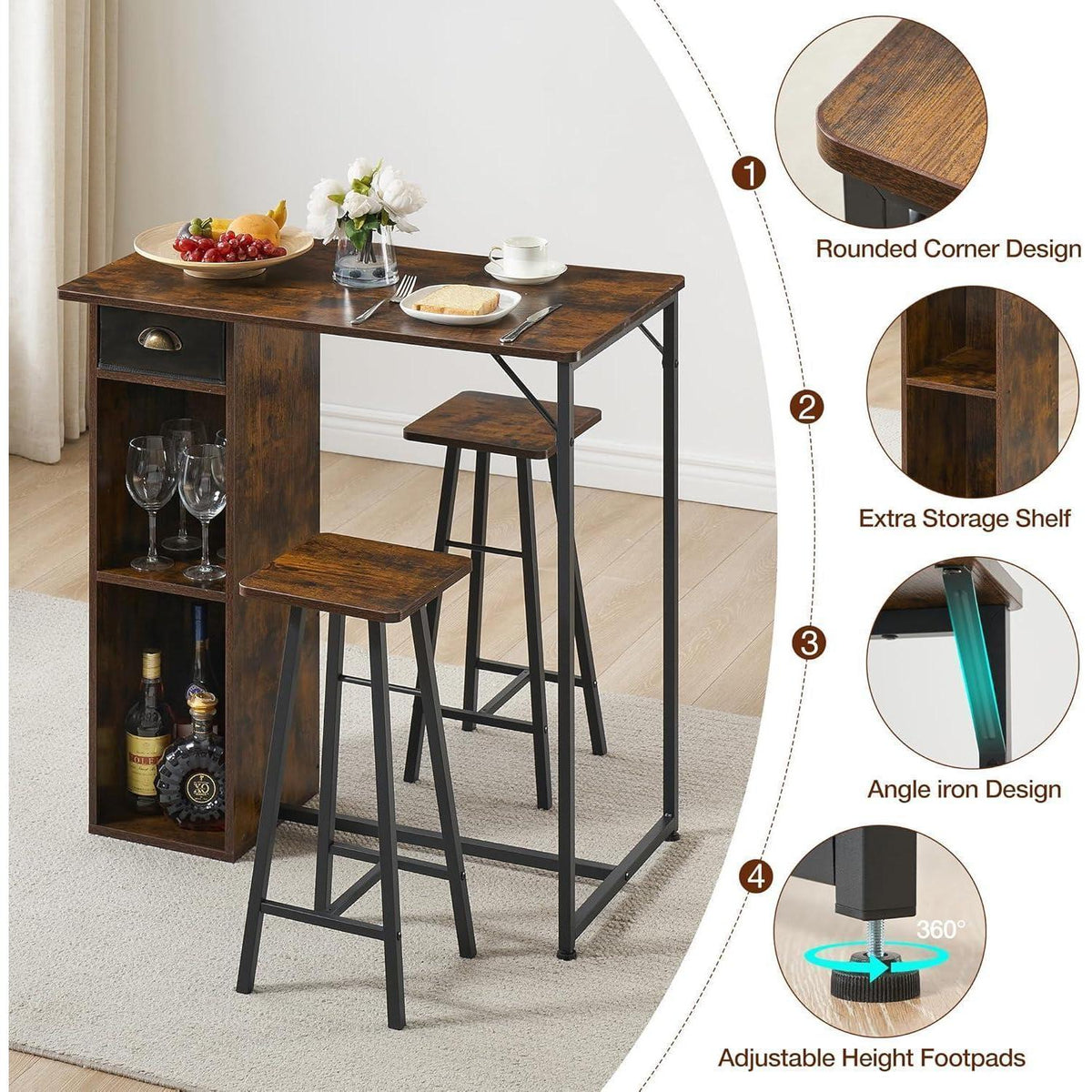 Platzsparendes Esszimmer-Set für 2 Personen – Rustikales Braun