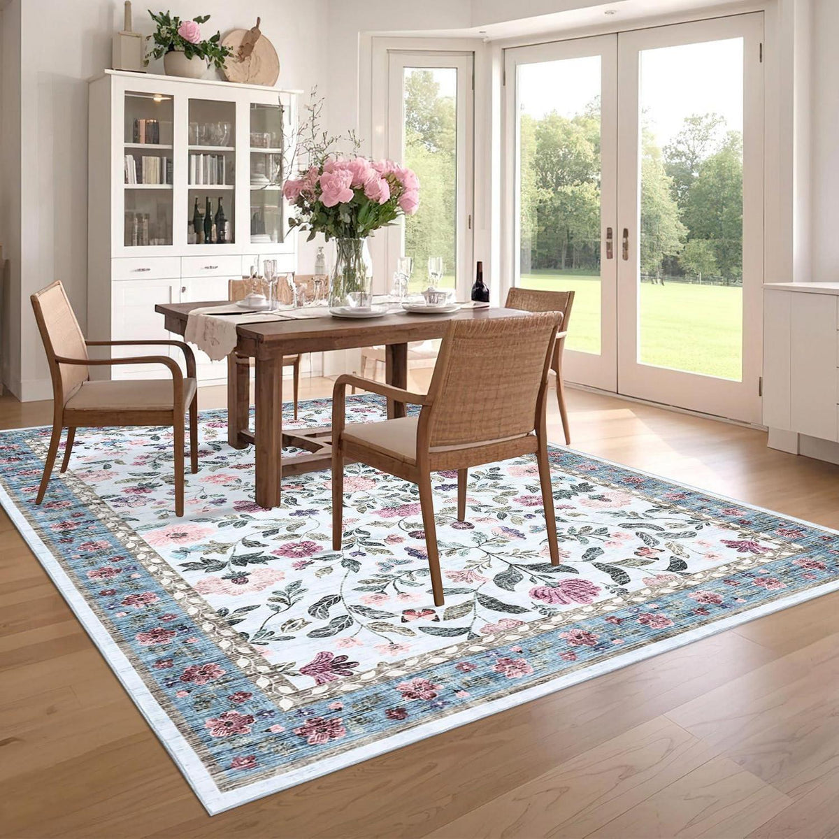 Waschbarer Teppich Floral Blau 140x200 cm – Rutschfest & Pflegeleicht