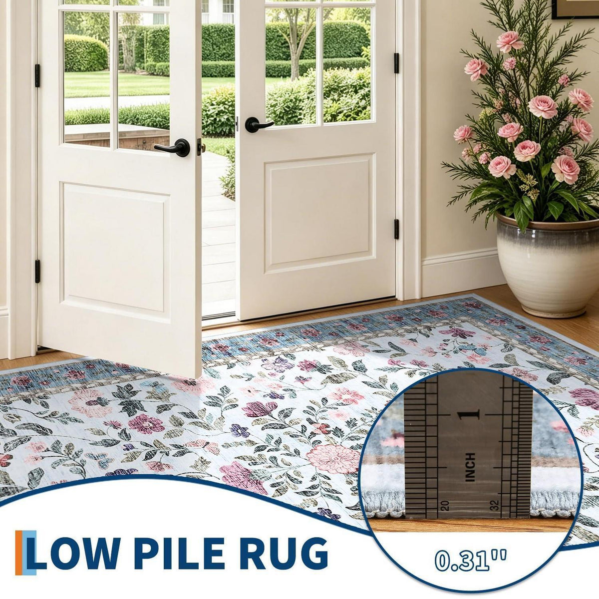 Waschbarer Teppich Floral Blau 140x200 cm – Rutschfest & Pflegeleicht
