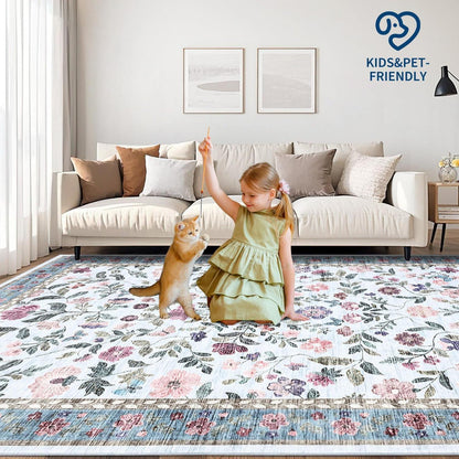 Waschbarer Teppich Floral Blau 140x200 cm – Rutschfest & Pflegeleicht