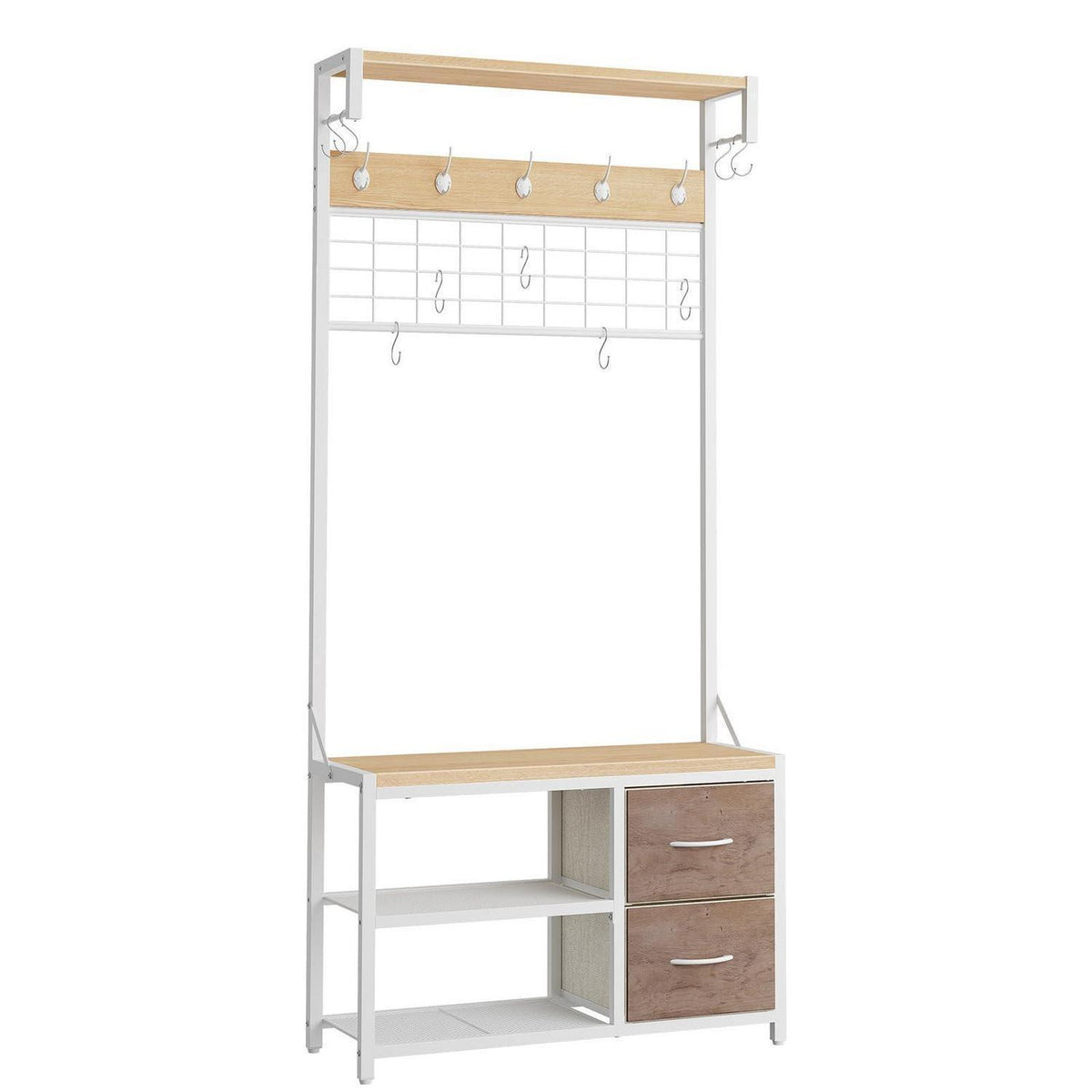 Garderobenständer mit Schuhbank & Haken – Weiß & Holzfarbe