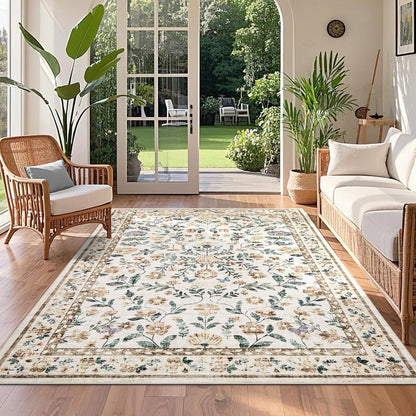 Waschbarer Teppich Floral Beige 120x170cm Rutschfest Niederflor