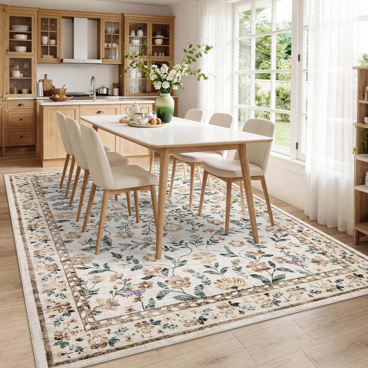 Waschbarer Teppich Floral Beige 120x170cm Rutschfest Niederflor