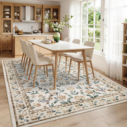 Waschbarer Teppich Floral Beige 120x170cm Rutschfest Niederflor