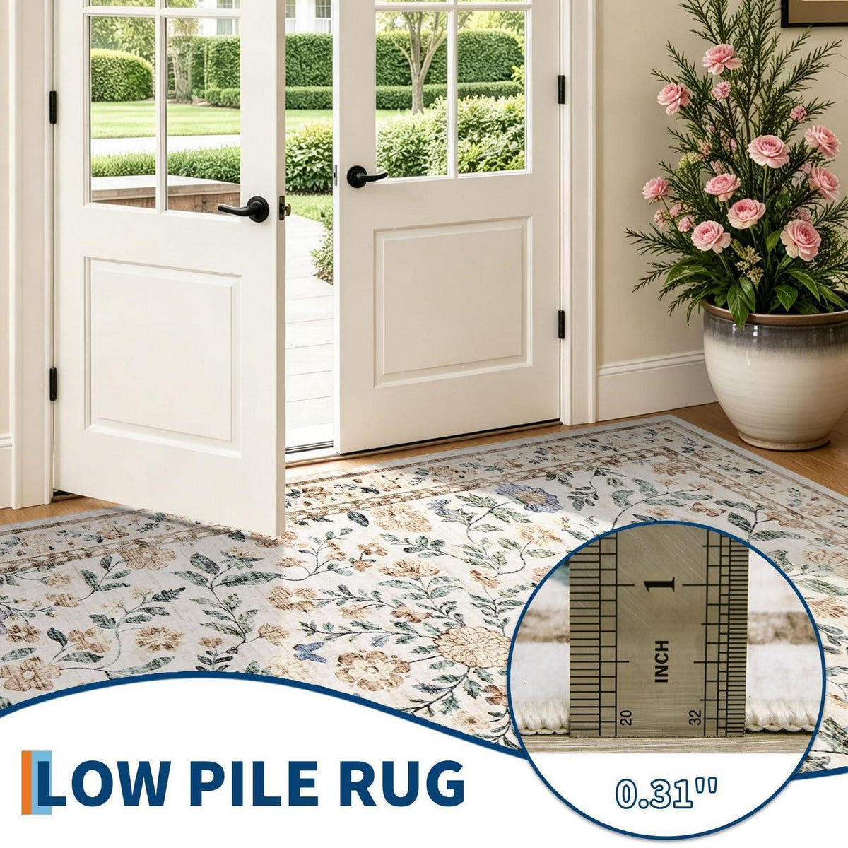 Waschbarer Teppich Floral Beige 120x170cm Rutschfest Niederflor