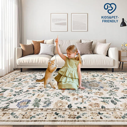 Waschbarer Teppich Floral Beige 120x170cm Rutschfest Niederflor