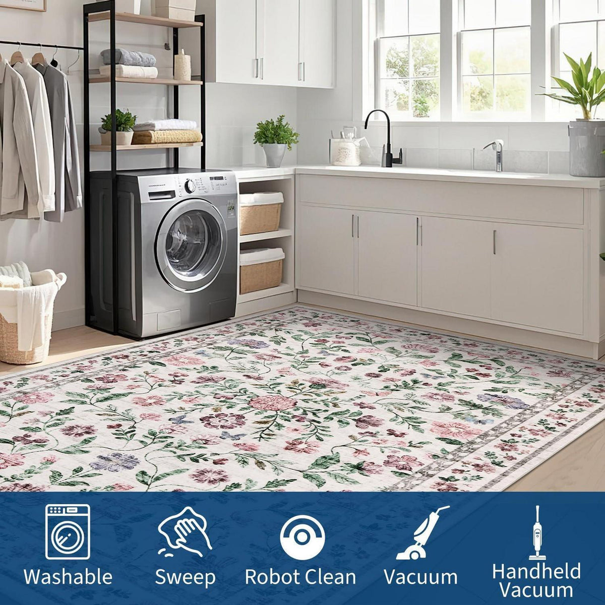 Waschbarer Teppich Floral Violett 120x170cm Rutschfest Niederflor
