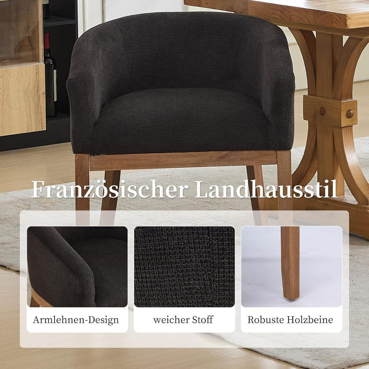 Esszimmerstühle Set 4er mit Armlehnen, Mid Century Leinenstoff