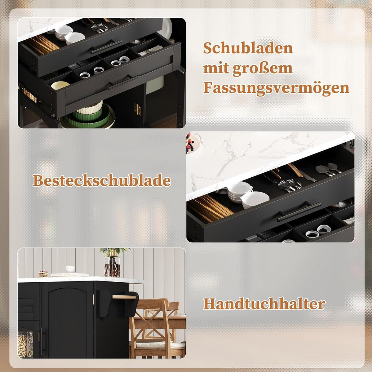 Kücheninsel Schwarz – Beweglicher Küchenwagen mit Arbeitsplatte
