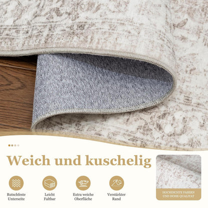 Vintage Teppich Läufer 60x240 cm Beige | Waschbar & Rutschfest