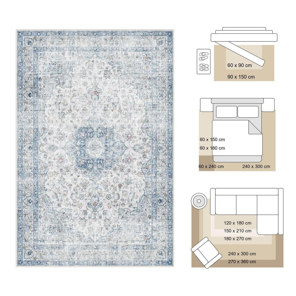 Waschbarer Vintage Teppich Blau 160x230 cm