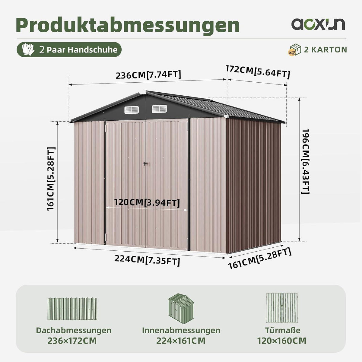 Großes Gerätehaus 8x6ft – Wetterfestes Gartenhaus mit Doppeltür