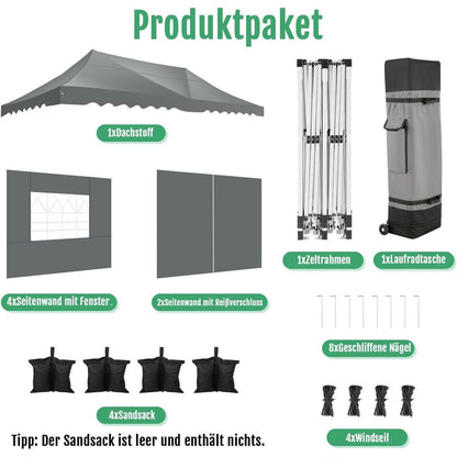 Faltpavillon 3x6m wasserdicht mit 6 Seitenwänden – Grau