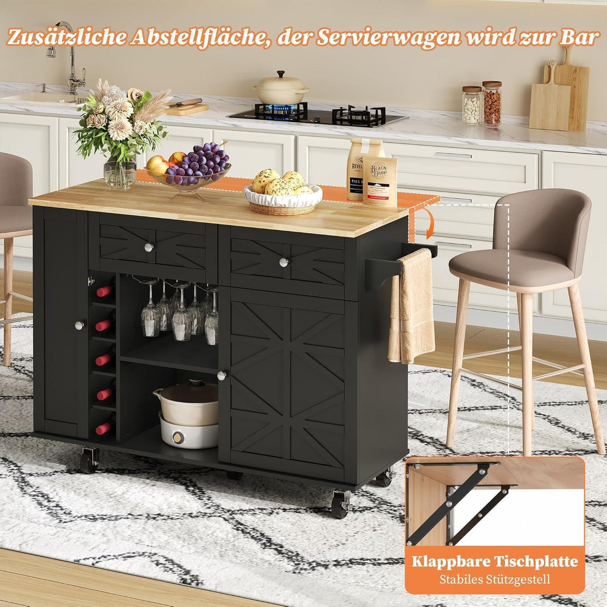 Freistehende Kücheninsel mit Klappplatte & Stauraum
