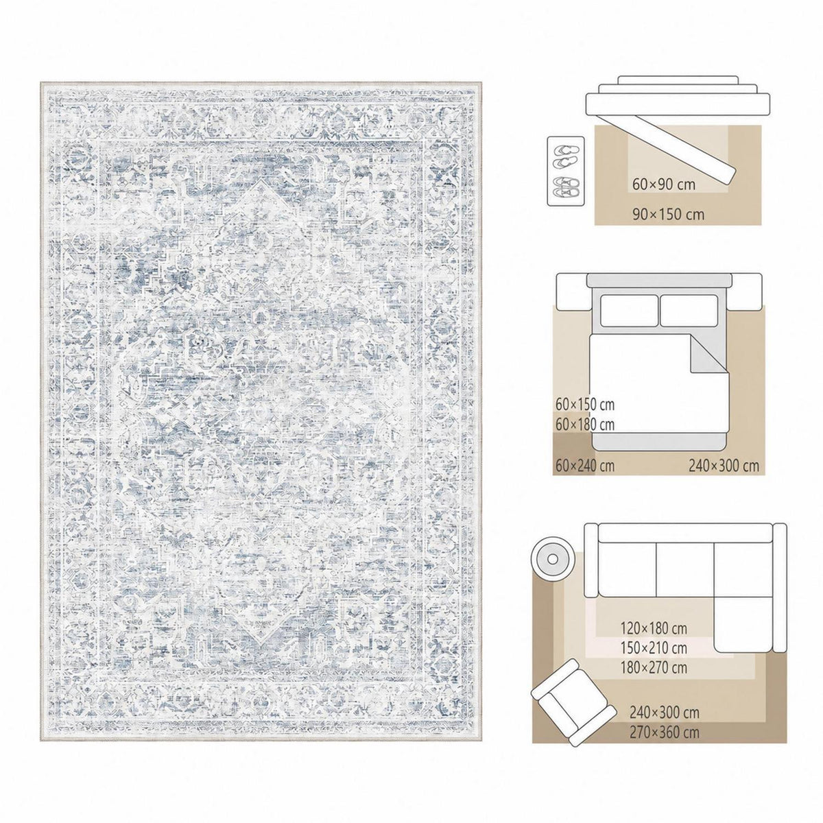Waschbarer Vintage Teppich Blau 160x230 cm