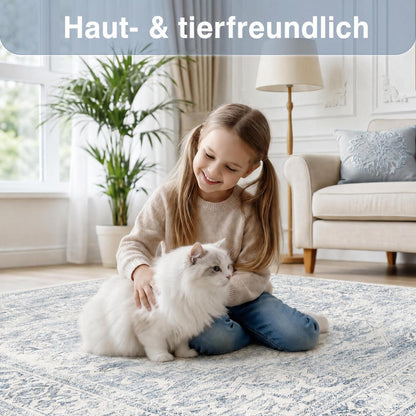 Waschbarer Vintage Teppich Blau 200x300 cm – Wohnzimmer Schlafzimmer