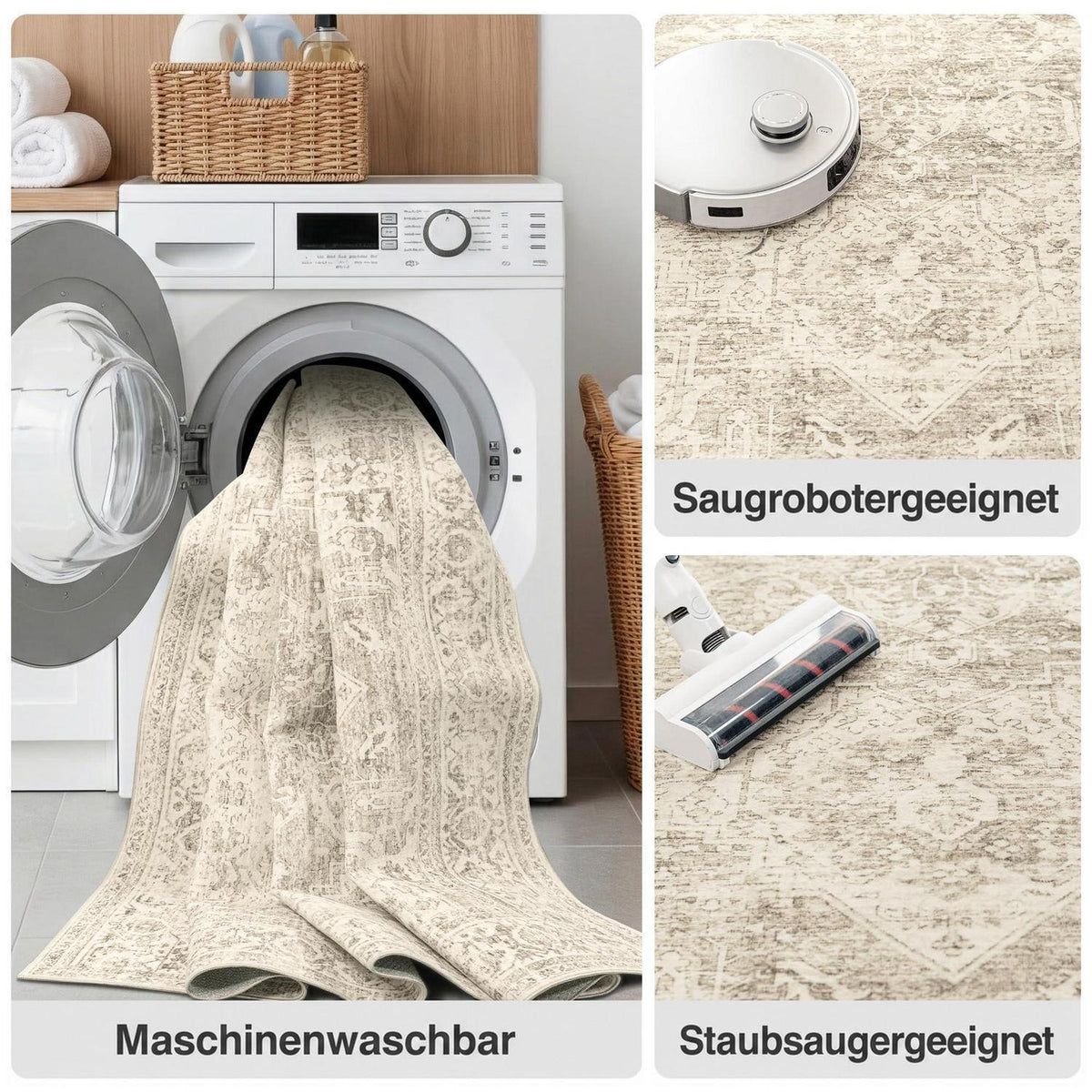 Waschbarer Vintage Teppich Braun 200x300 cm – Wohnzimmer Schlafzimmer