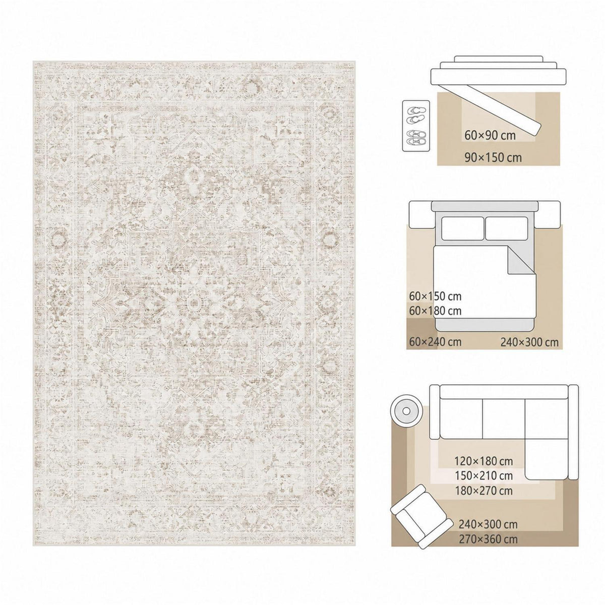 Beige Vintage Teppich Läufer 60x240 cm Waschbar