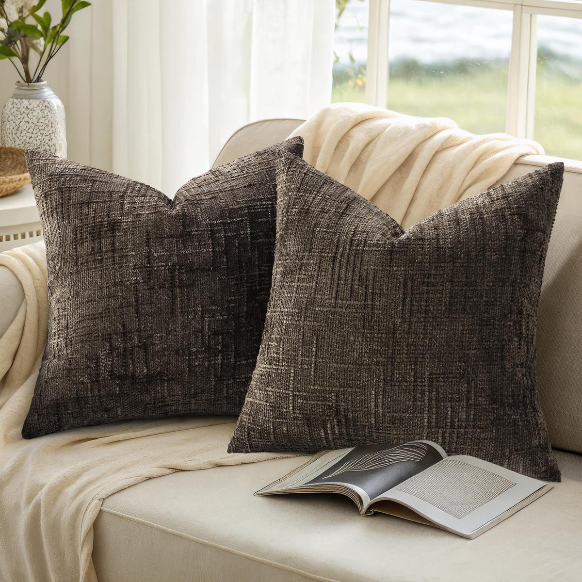 2x Chenille Kissenbezug 40x40 Braun - Weich & Gemütlich