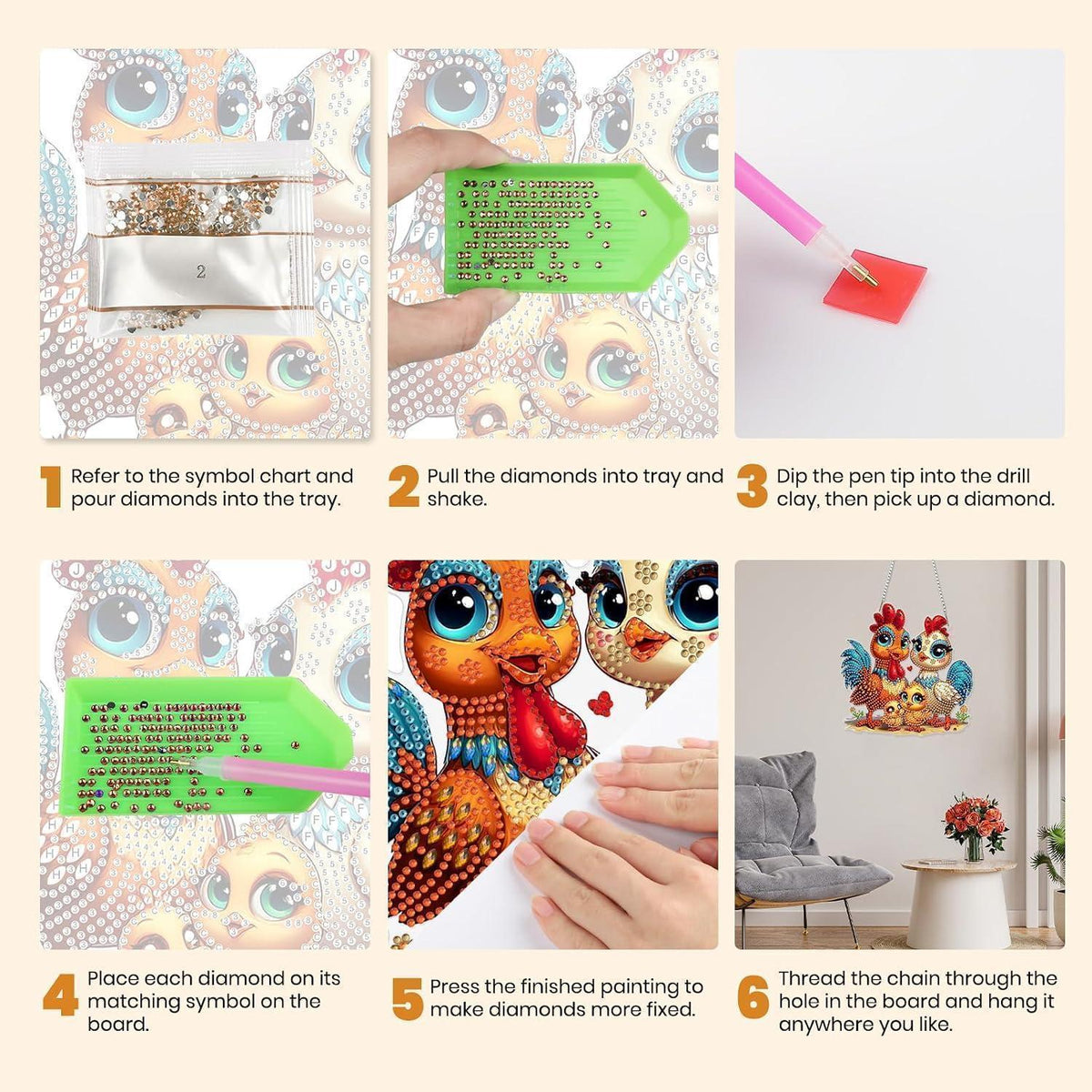5D Diamantmalerei Anhänger Hühnerfamilie – DIY Fensterbild Set