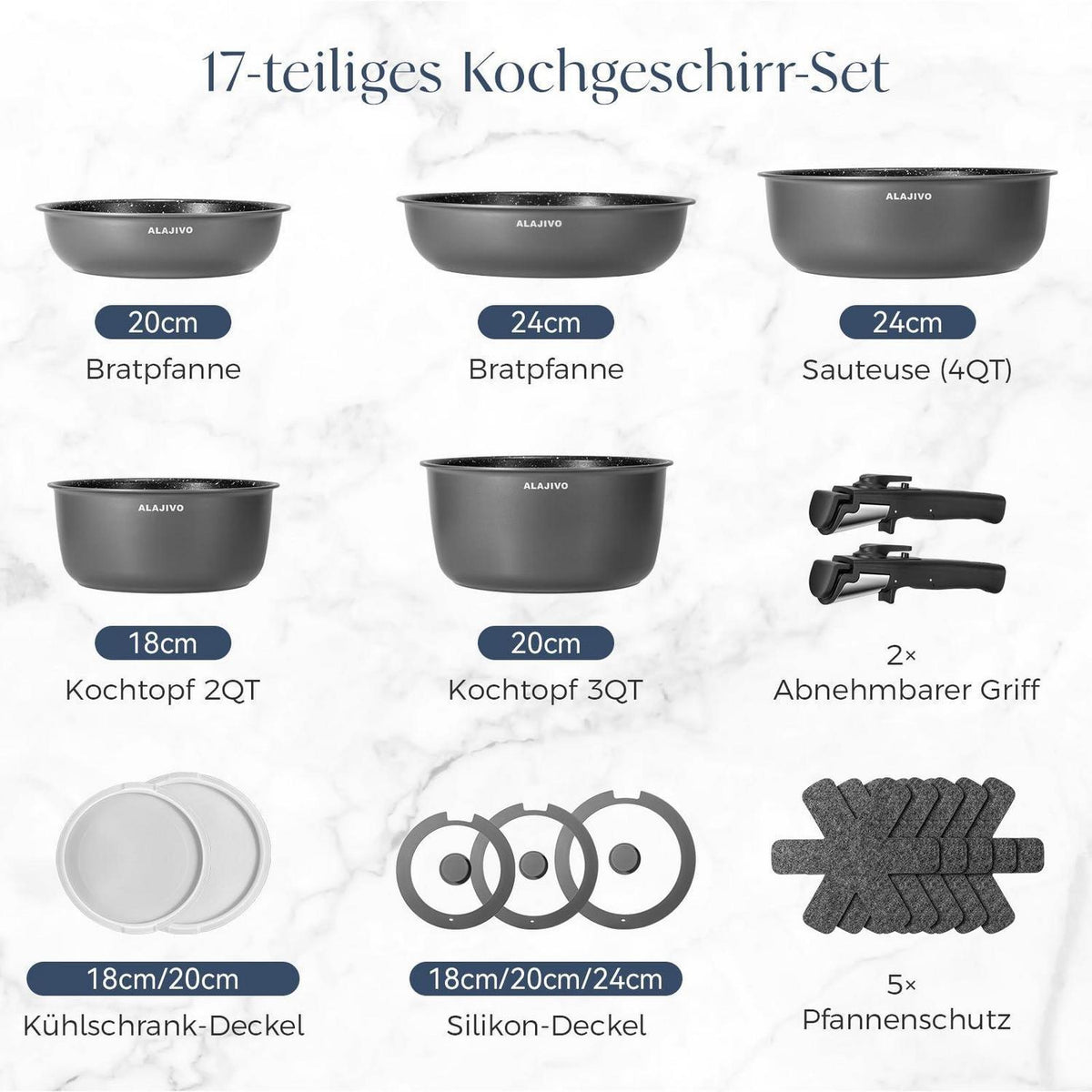 17-teiliges Topfset mit abnehmbarem Griff – Grau