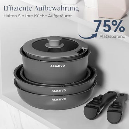 17-teiliges Topfset mit abnehmbarem Griff – Grau