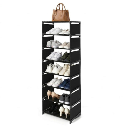 Schuhregal schmal & hoch | 8 Ebenen, Schwarz | Langlebig & einfach aufzubauen