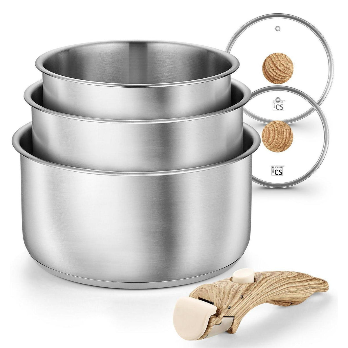 Edelstahl Topfset 6-teilig mit abnehmbaren Griffen
