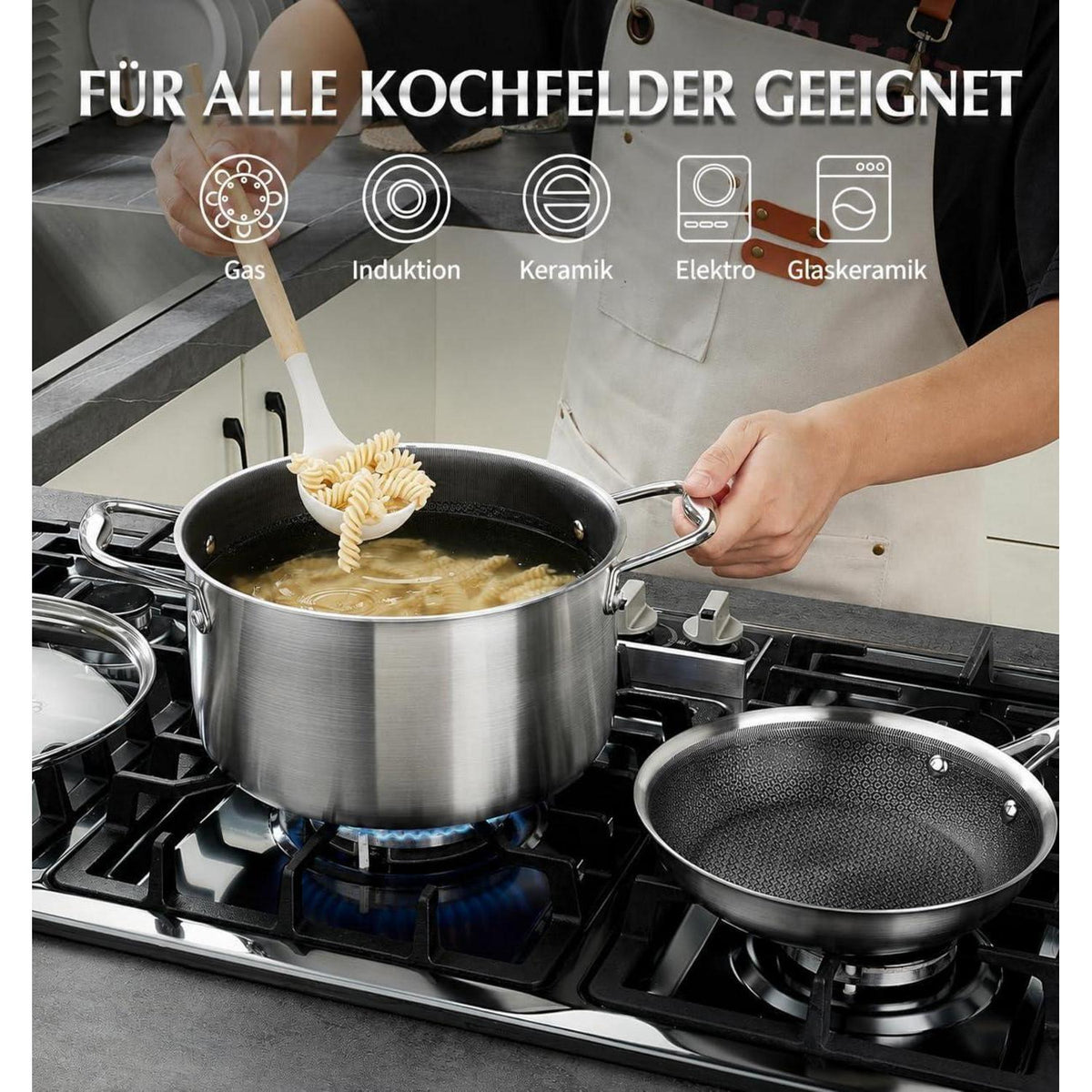 Edelstahl Topfset 6-teilig mit Glasdeckel – Kochtopfset für Induktion