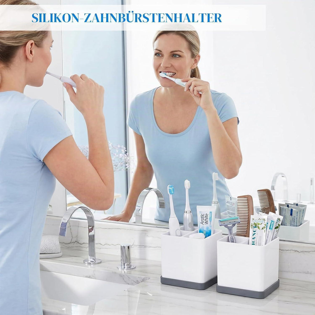 Silikon Zahnbürstenhalter 3-fach Grau Weiß Badezimmer Organizer