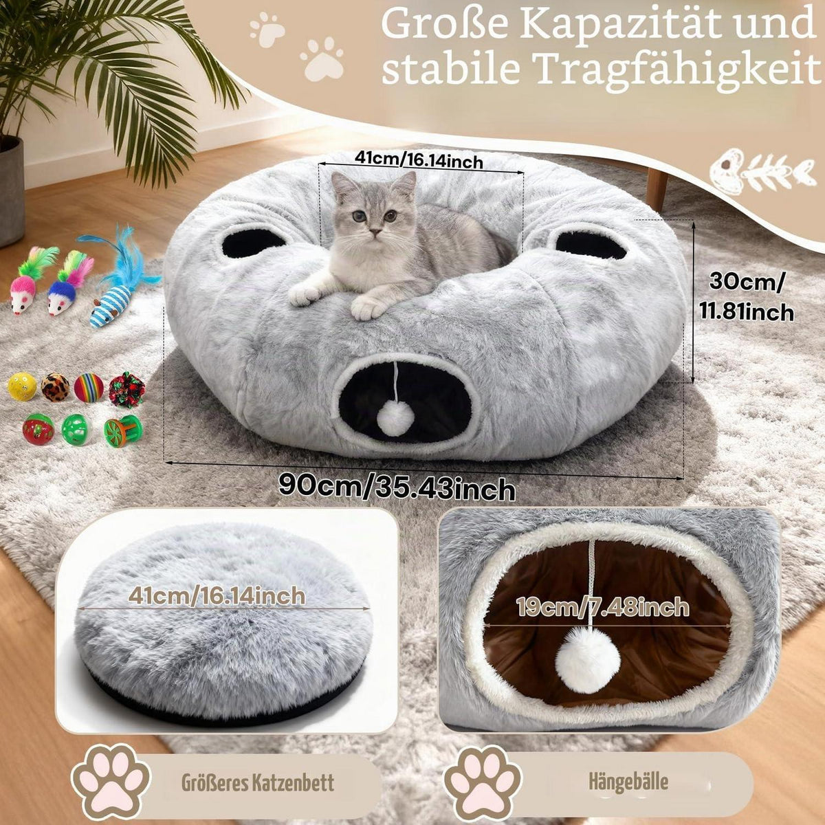Katzentunnel Grau mit Bett & 11 Spielzeugen | Faltbar