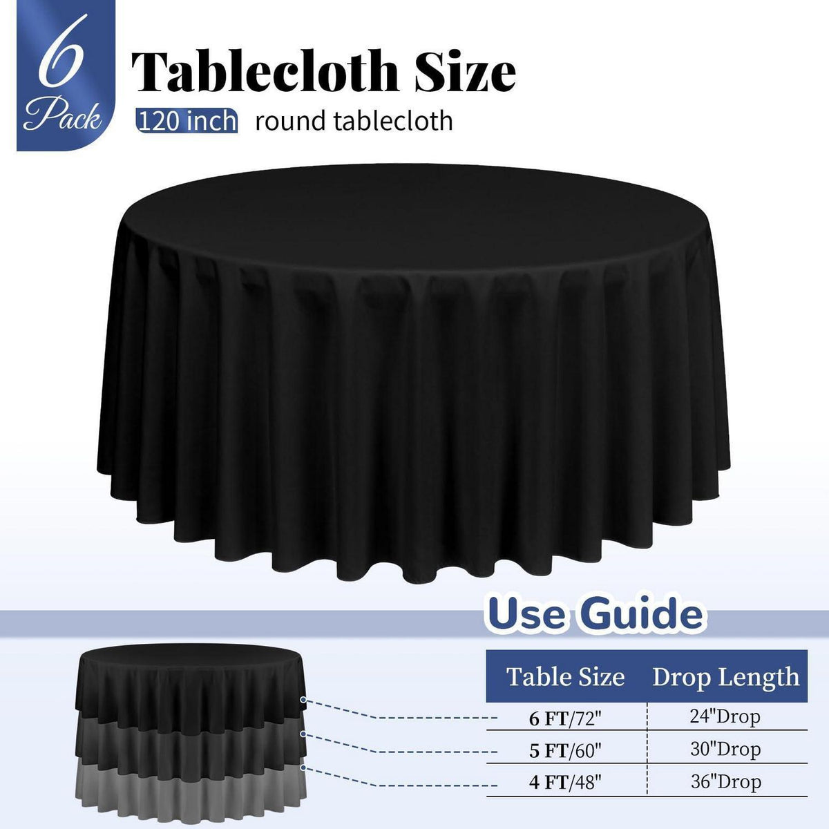 6x Runde Tischdecke Schwarz, 305 cm – Waschbar & Wiederverwendbar