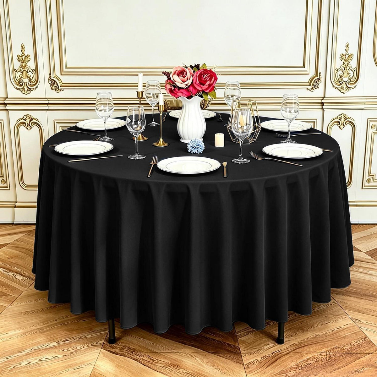 6x Runde Tischdecke Schwarz, 305 cm – Waschbar & Wiederverwendbar