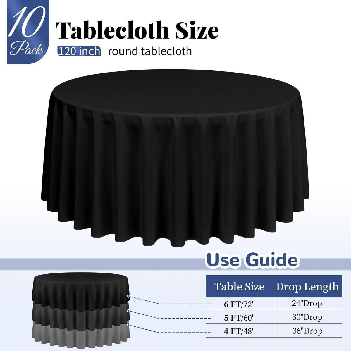 10x Runde Tischdecke Schwarz, 305 cm – Waschbar & Wiederverwendbar