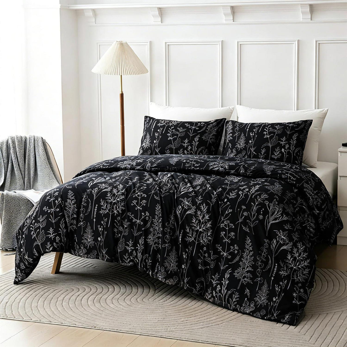 Blumen Bettwäsche Set 135x200 cm, 4-teilig, Schwarz Botanisch