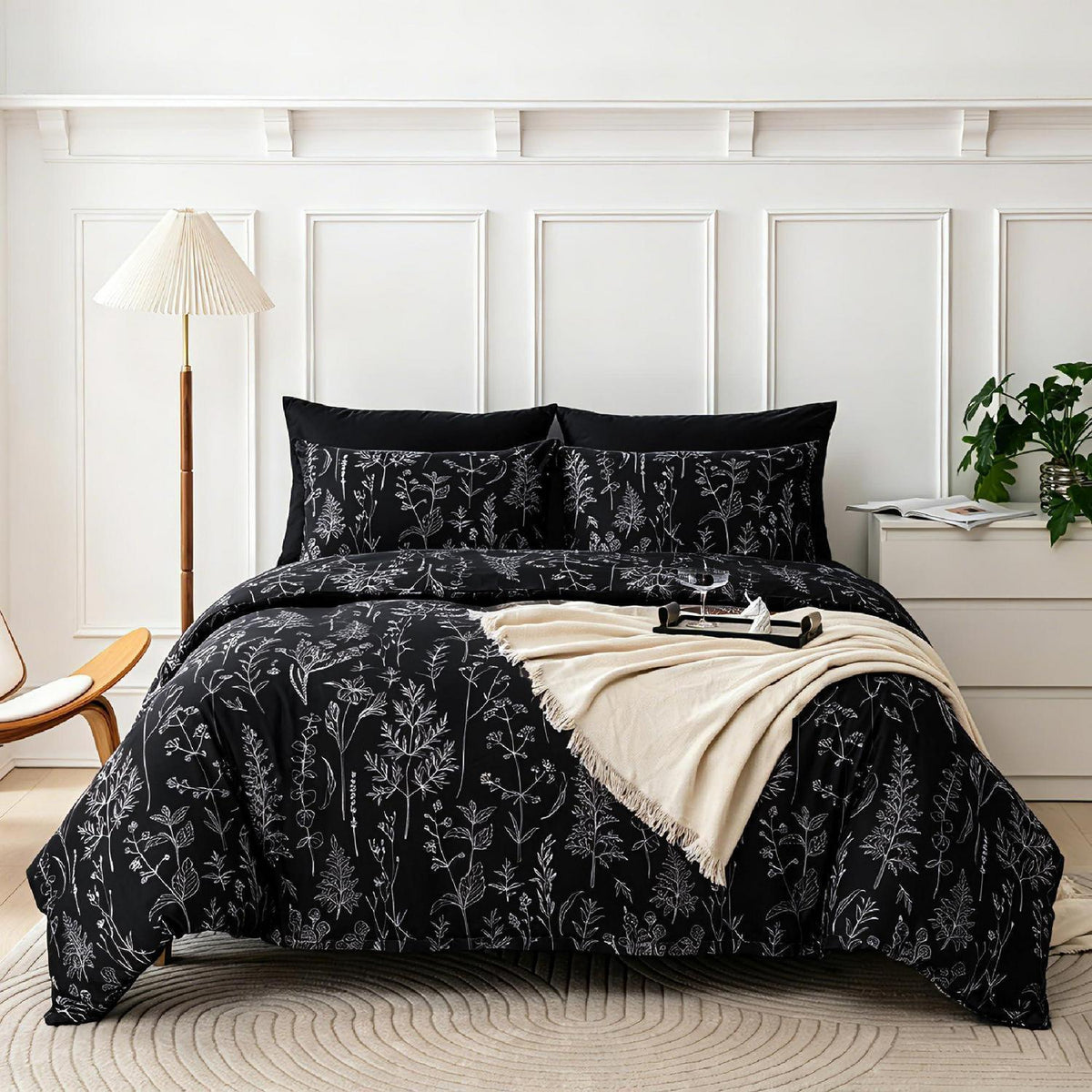 Blumen Bettwäsche Set 135x200 cm, 4-teilig, Schwarz Botanisch