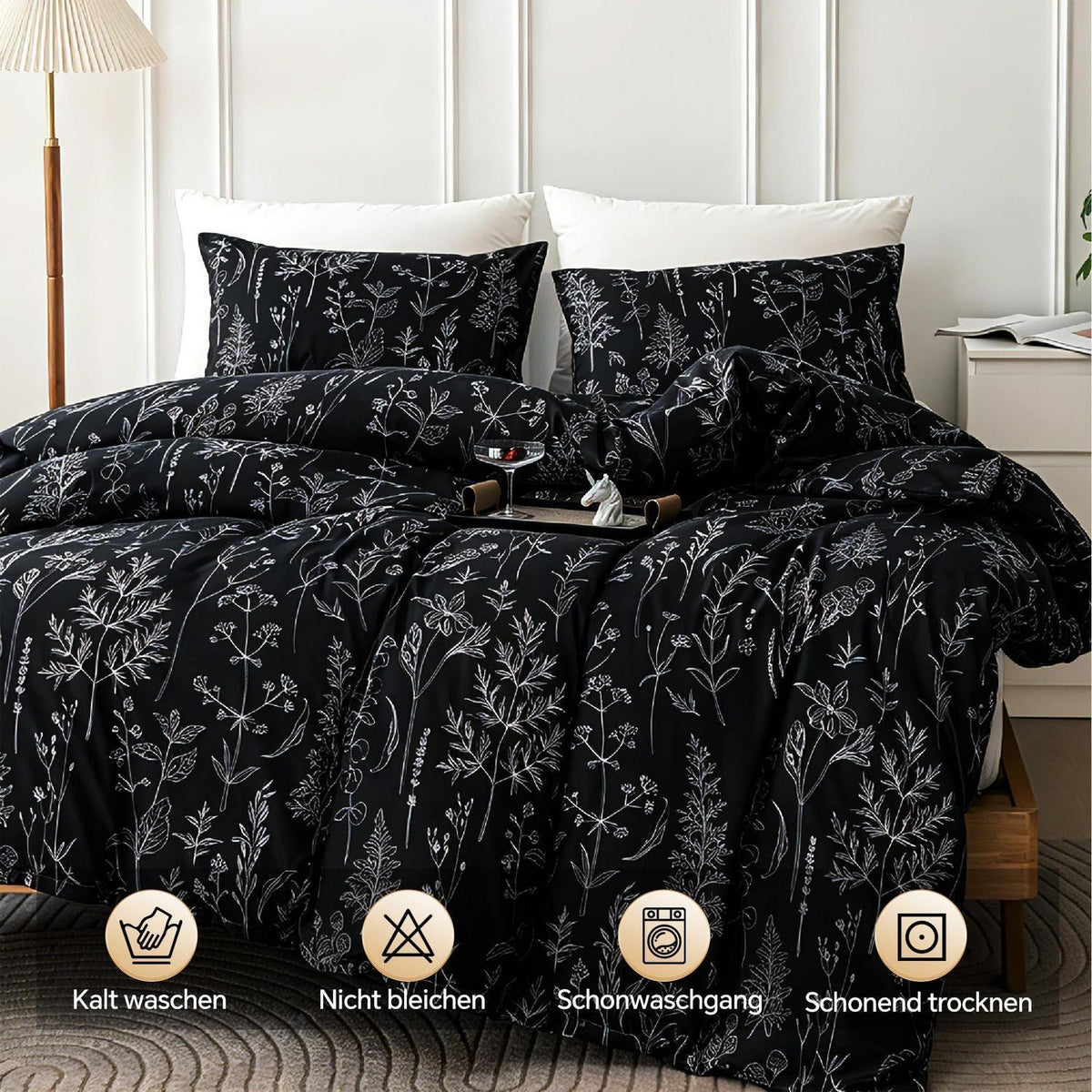 Blumen Bettwäsche Set 135x200 cm, 4-teilig, Schwarz Botanisch