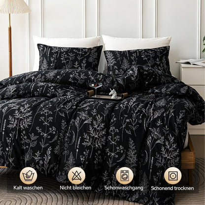 Blumen Bettwäsche Set 135x200 cm, 4-teilig, Schwarz Botanisch