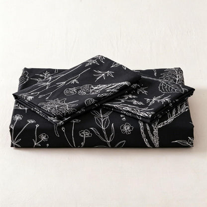 Blumen Bettwäsche Set 135x200 cm, 4-teilig, Schwarz Botanisch