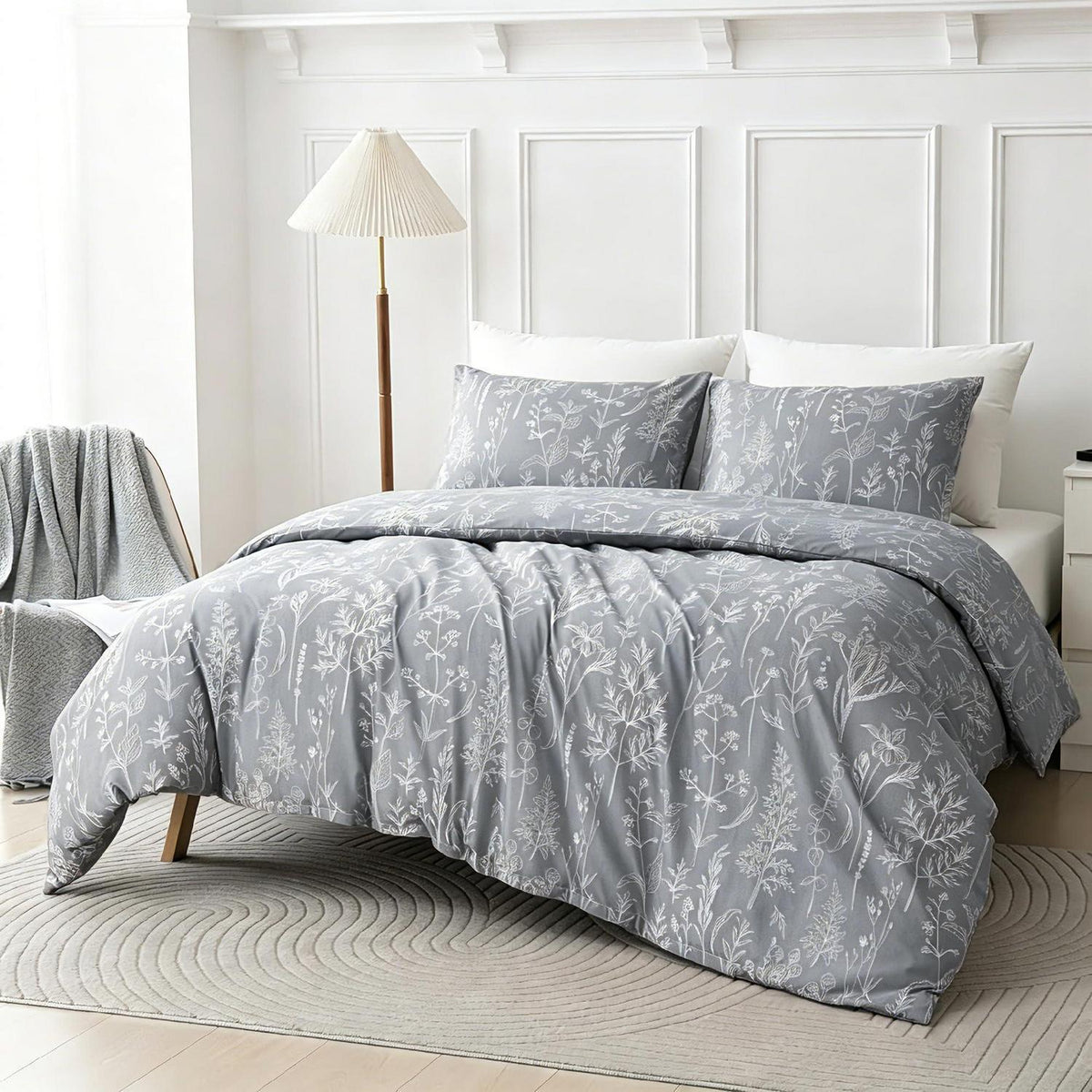Blumen Bettwäsche Set 135x200 cm Grau Botanisch 4-teilig
