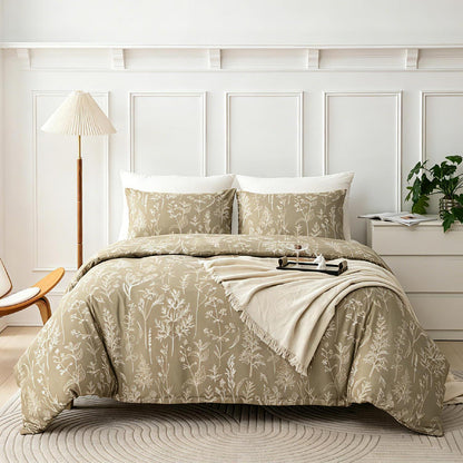 Blumen Bettwäsche Set 135x200 cm, Beige Mikrofaser 4tlg.